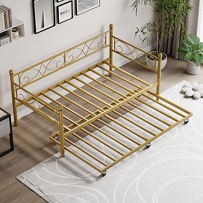 Twin Daybed w/Trundle, Metal Trundle Bed, Sofa Bed Frame, Heavy
