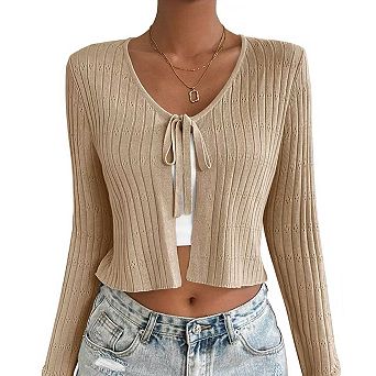 Women Belted Long Sleeve Cardigan Casual Solid Color Soft Knit Wrap Cover Up