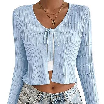 Women Belted Long Sleeve Cardigan Casual Solid Color Soft Knit Wrap Cover Up