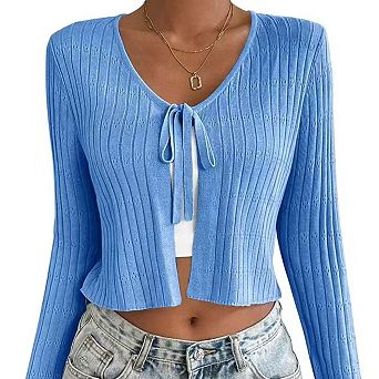 Women Belted Long Sleeve Cardigan Casual Solid Color Soft Knit Wrap Cover Up