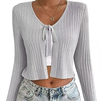 Women Belted Long Sleeve Cardigan Casual Solid Color Soft Knit Wrap Cover Up