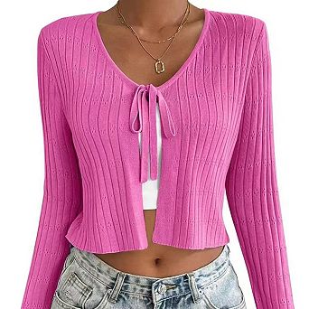 Women Belted Long Sleeve Cardigan Casual Solid Color Soft Knit Wrap Cover Up