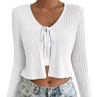 Women Belted Long Sleeve Cardigan Casual Solid Color Soft Knit Wrap Cover Up