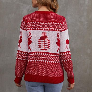 Women’s Slim Fit Ugly Christmas Sweater Knitted Xmas Pullover With Reindeer And Tree Design
