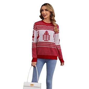 Women’s Slim Fit Ugly Christmas Sweater Knitted Xmas Pullover With Reindeer And Tree Design