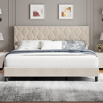 Bed Frame w/Upholstered Headboard, Platform Bed Frame w/Strong Wood Slats, No Box Spring Needed