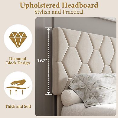 Bed Frame w/Upholstered Headboard, Platform Bed Frame w/Strong Wood Slats, No Box Spring Needed