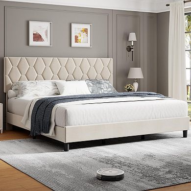 Bed Frame w/Upholstered Headboard, Platform Bed Frame w/Strong Wood Slats, No Box Spring Needed
