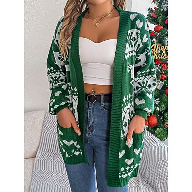 Women’s Casual LightWeight Long Sleeve Open Front Cardigan With Pockets Loose Knit Christmas Sweater