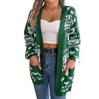 Women’s Casual LightWeight Long Sleeve Open Front Cardigan With Pockets Loose Knit Christmas Sweater
