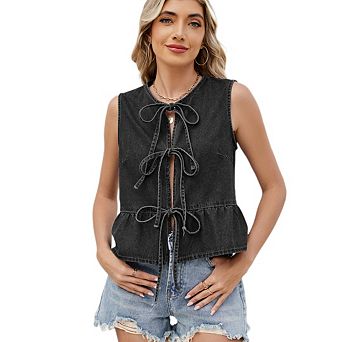 Women's Y2k Tie Front Denim Vest V Neck Ruffle Hem Sleeveless Peplum Jean Top Shirt