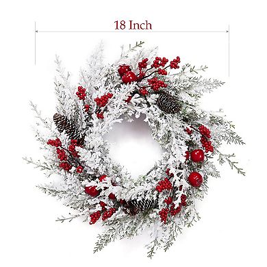 18 in Snow Flocked Christmas Wreath for Front Door with Red Apples, Pine Cones, Red Berries
