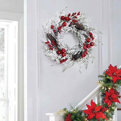 18 in Snow Flocked Christmas Wreath for Front Door with Red Apples, Pine Cones, Red Berries