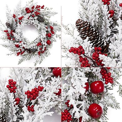 18 in Snow Flocked Christmas Wreath for Front Door with Red Apples, Pine Cones, Red Berries