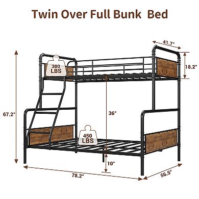 Bunk Bed Twin Over Full Size,High Guardrail and Ladder,Twin Size Convertible Metal Bunk Beds