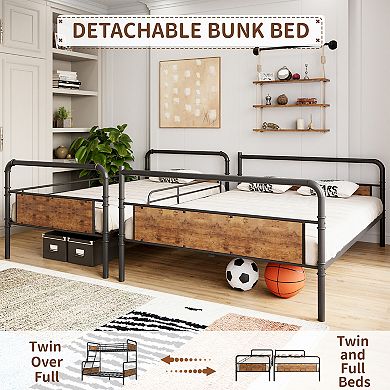 Bunk Bed Twin Over Full Size,High Guardrail and Ladder,Twin Size Convertible Metal Bunk Beds