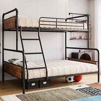 Bunk Bed Twin Over Full Size,High Guardrail and Ladder,Twin Size Convertible Metal Bunk Beds