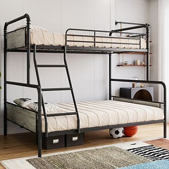 Bunk Bed Twin Over Full Size,High Guardrail and Ladder,Twin Size Convertible Metal Bunk Beds