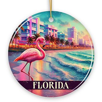 Vibrant Florida Flamingo Art Deco Ornament, Miami Beach Souvenir and Coastal Christmas Gift