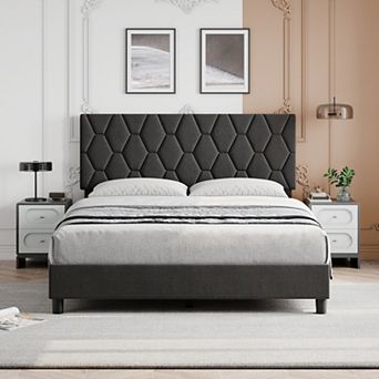 Bed Frame with Upholstered Headboard, Heavy-Duty Platform Bed Frame with Strong Wood Slats