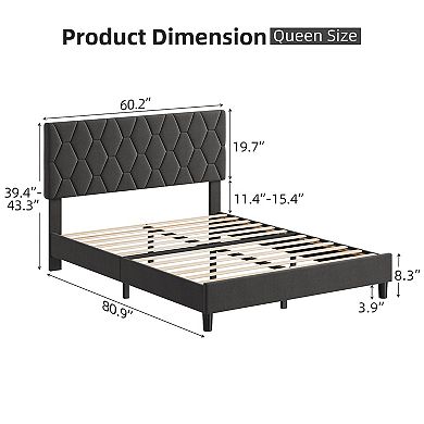 Bed Frame with Upholstered Headboard, Heavy-Duty Platform Bed Frame with Strong Wood Slats