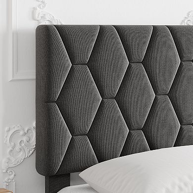Bed Frame with Upholstered Headboard, Heavy-Duty Platform Bed Frame with Strong Wood Slats