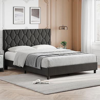 Bed Frame with Upholstered Headboard, Heavy-Duty Platform Bed Frame with Strong Wood Slats