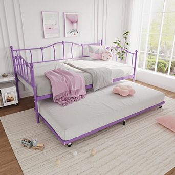 Metal Twin Daybed W/Trundle Bed, Twin Size Day Bed W/Pullout Trundle& Headboard,Metal Sofa Bed Frame