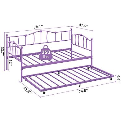 Metal Twin Daybed W/Trundle Bed, Twin Size Day Bed W/Pullout Trundle& Headboard,Metal Sofa Bed Frame