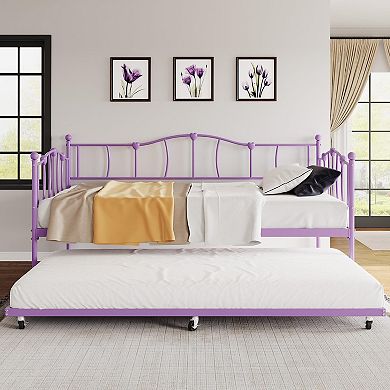 Metal Twin Daybed W/Trundle Bed, Twin Size Day Bed W/Pullout Trundle& Headboard,Metal Sofa Bed Frame