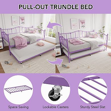 Metal Twin Daybed W/Trundle Bed, Twin Size Day Bed W/Pullout Trundle& Headboard,Metal Sofa Bed Frame