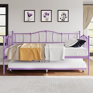 Metal Twin Daybed W/Trundle Bed, Twin Size Day Bed W/Pullout Trundle& Headboard,Metal Sofa Bed Frame