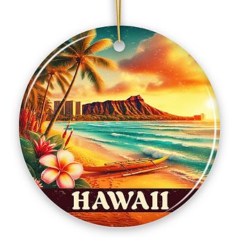 Tropical Hawaii Island Christmas Ornament, Vibrant Diamond Head Seaside Gift and Honolulu Souvenir