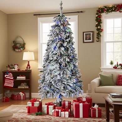 6Ft Artificial Christmas Tree, Prelit Snow Flocked Xmas Tree with 458 Branches, 200 Colorful Lights