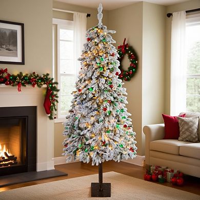 6Ft Artificial Christmas Tree, Prelit Snow Flocked Xmas Tree with 458 Branches, 200 Colorful Lights