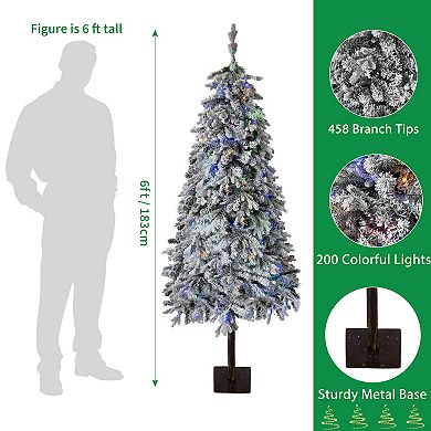 6Ft Artificial Christmas Tree, Prelit Snow Flocked Xmas Tree with 458 Branches, 200 Colorful Lights