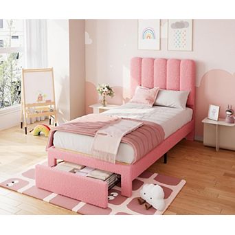 Twin Bed Frame with Under-Bed Drawer, Boucle Upholstered Platform Bed with Wave Headboard for Kids