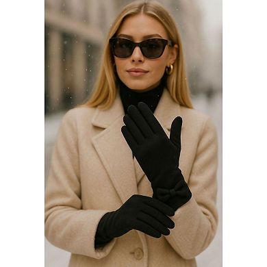 Women's Black Suede Gloves with Bow Detail For Her - Winter Accessories