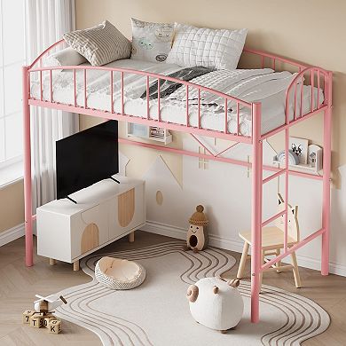 Loft Bed Twin Size, Heavy Duty Metal Loft Bed Frame w/Arched Guardrail& Safety Ladder, Space-Saving