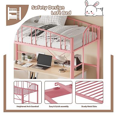 Loft Bed Twin Size, Heavy Duty Metal Loft Bed Frame w/Arched Guardrail& Safety Ladder, Space-Saving