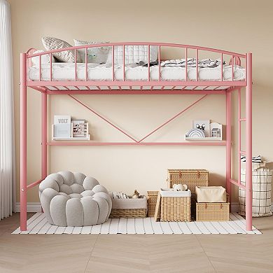 Loft Bed Twin Size, Heavy Duty Metal Loft Bed Frame w/Arched Guardrail& Safety Ladder, Space-Saving