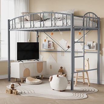 Loft Bed Twin Size, Heavy Duty Metal Loft Bed Frame w/Arched Guardrail& Safety Ladder, Space-Saving