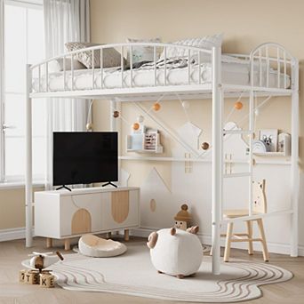 Loft Bed Twin Size, Heavy Duty Metal Loft Bed Frame w/Arched Guardrail& Safety Ladder, Space-Saving