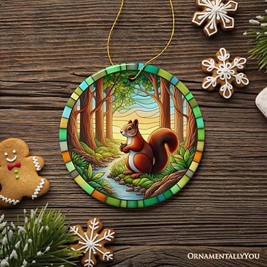 Squirrel in the Forest Stained Glass Style Ceramic Ornament, Wildlife Animals Christmas Gift