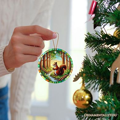 Squirrel in the Forest Stained Glass Style Ceramic Ornament, Wildlife Animals Christmas Gift