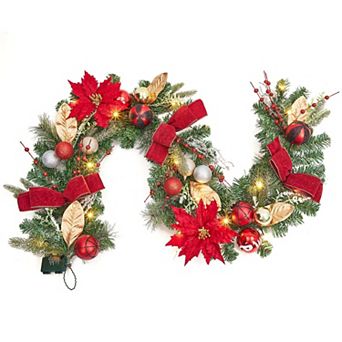 6FT Pre-Lit Christmas Garland with 20 LED Lights, Red Gold Silver Ball Ornaments, Flowers, Ribbons