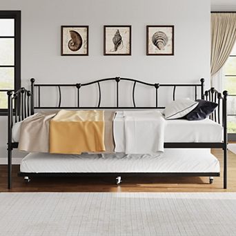 Metal Twin Daybed W/Trundle Bed, Twin Size Day Bed W/Pullout Trundle& Headboard,Metal Sofa Bed Frame