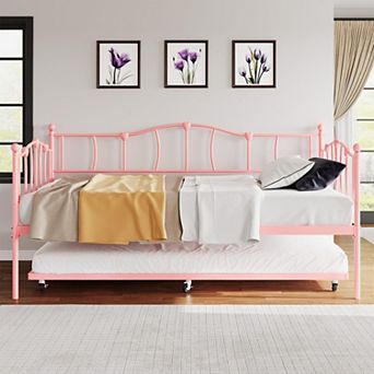 Metal Twin Daybed W/Trundle Bed, Twin Size Day Bed W/Pullout Trundle& Headboard,Metal Sofa Bed Frame