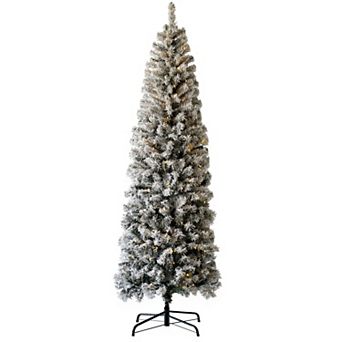 6.5 Ft Prelit Pencil Christmas Tree, Snow Flocked Xmas Tree with 586 Branch Tips, 250 LED Lights