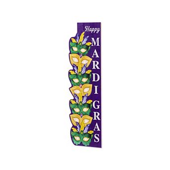 Glitzhome 41.75"H Mardi Gras Lighted Porch Sign, Wooden Stacked Masks Porch Decor with Timer